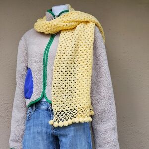 Bright Yellow Open Work Airy Scarf W/ Pom Pom Edges